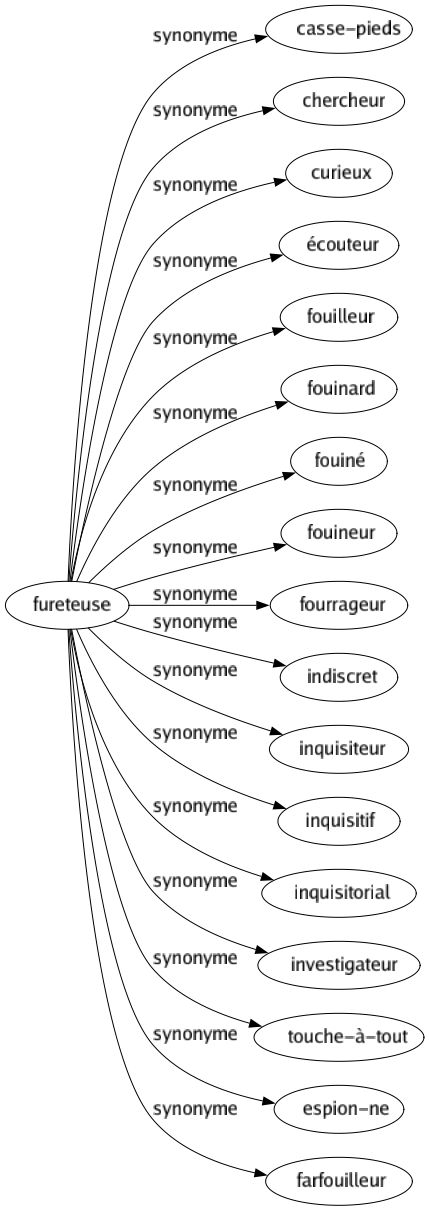 Synonyme de Fureteuse : Casse-pieds Chercheur Curieux Écouteur Fouilleur Fouinard Fouiné Fouineur Fourrageur Indiscret Inquisiteur Inquisitif Inquisitorial Investigateur Touche-à-tout Espion-ne Farfouilleur 