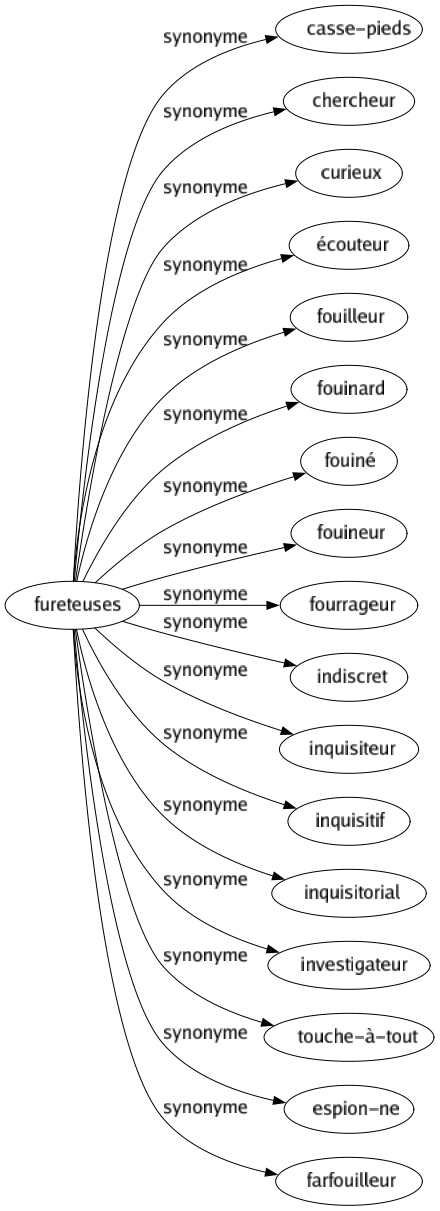 Synonyme de Fureteuses : Casse-pieds Chercheur Curieux Écouteur Fouilleur Fouinard Fouiné Fouineur Fourrageur Indiscret Inquisiteur Inquisitif Inquisitorial Investigateur Touche-à-tout Espion-ne Farfouilleur 