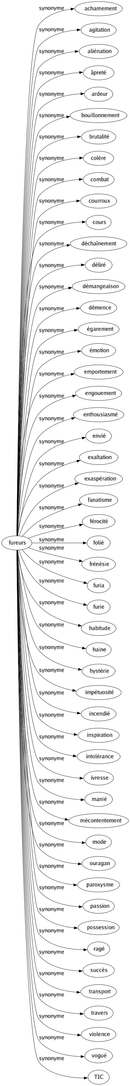 Synonyme de Fureurs : Acharnement Agitation Aliénation Âpreté Ardeur Bouillonnement Brutalité Colère Combat Courroux Cours Déchaînement Déliré Démangeaison Démence Égarement Émotion Emportement Engouement Enthousiasmé Envié Exaltation Exaspération Fanatisme Férocité Folié Frénésie Furia Furie Habitude Haine Hystérie Impétuosité Incendié Inspiration Intolérance Ivresse Manié Mécontentement Mode Ouragan Paroxysme Passion Possession Ragé Succès Transport Travers Violence Vogué Tic 