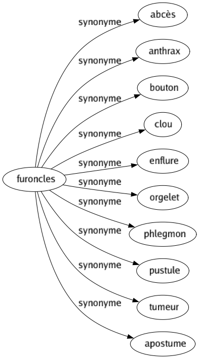 Synonyme de Furoncles : Abcès Anthrax Bouton Clou Enflure Orgelet Phlegmon Pustule Tumeur Apostume 