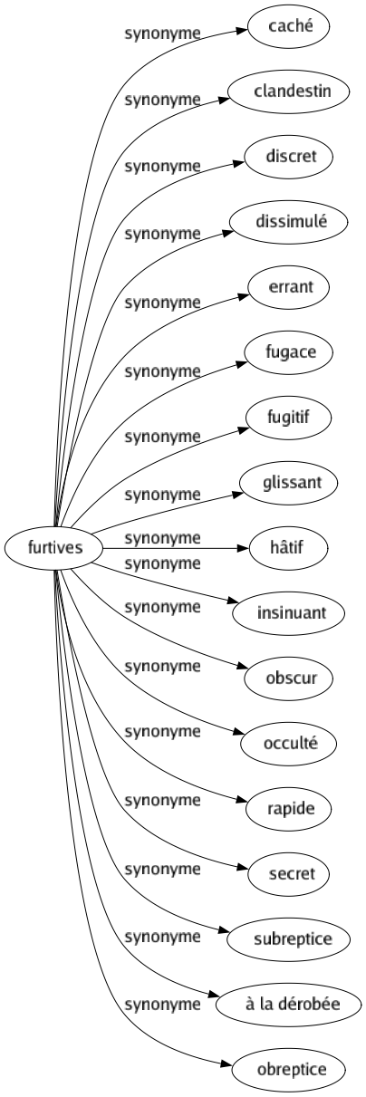 Synonyme de Furtives : Caché Clandestin Discret Dissimulé Errant Fugace Fugitif Glissant Hâtif Insinuant Obscur Occulté Rapide Secret Subreptice À la dérobée Obreptice 