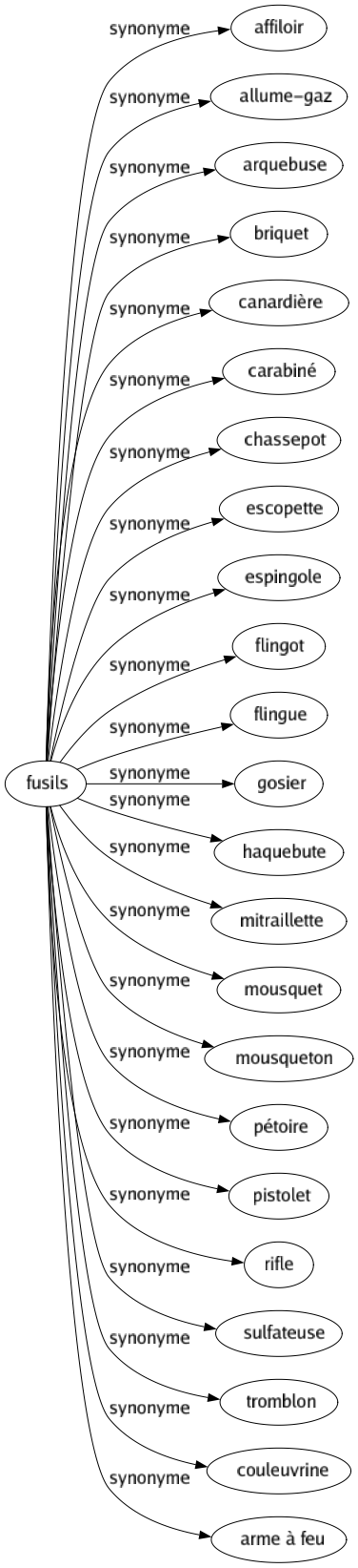 Synonyme de Fusils : Affiloir Allume-gaz Arquebuse Briquet Canardière Carabiné Chassepot Escopette Espingole Flingot Flingue Gosier Haquebute Mitraillette Mousquet Mousqueton Pétoire Pistolet Rifle Sulfateuse Tromblon Couleuvrine Arme à feu 