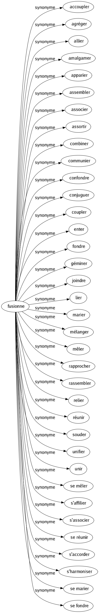 Synonyme de Fusionne : Accoupler Agréger Allier Amalgamer Apparier Assembler Associer Assortir Combiner Communier Confondre Conjuguer Coupler Enter Fondre Géminer Joindre Lier Marier Mélanger Mêler Rapprocher Rassembler Relier Réunir Souder Unifier Unir Se mêler S'affilier S'associer Se réunir S'accorder S'harmoniser Se marier Se fondre 