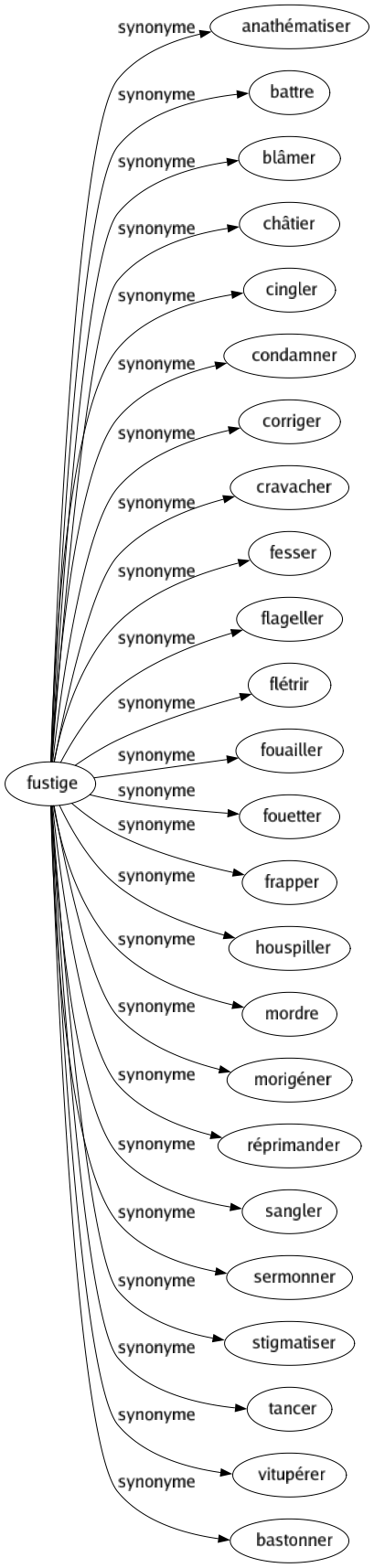 Synonyme de Fustige : Anathématiser Battre Blâmer Châtier Cingler Condamner Corriger Cravacher Fesser Flageller Flétrir Fouailler Fouetter Frapper Houspiller Mordre Morigéner Réprimander Sangler Sermonner Stigmatiser Tancer Vitupérer Bastonner 