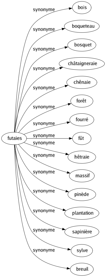 Synonyme de Futaies : Bois Boqueteau Bosquet Châtaigneraie Chênaie Forêt Fourré Fût Hêtraie Massif Pinède Plantation Sapinière Sylve Breuil 