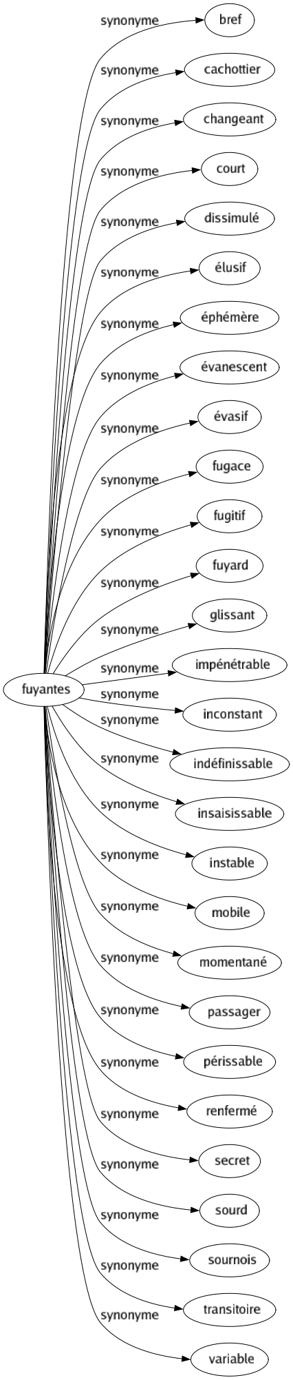 Synonyme de Fuyantes : Bref Cachottier Changeant Court Dissimulé Élusif Éphémère Évanescent Évasif Fugace Fugitif Fuyard Glissant Impénétrable Inconstant Indéfinissable Insaisissable Instable Mobile Momentané Passager Périssable Renfermé Secret Sourd Sournois Transitoire Variable 