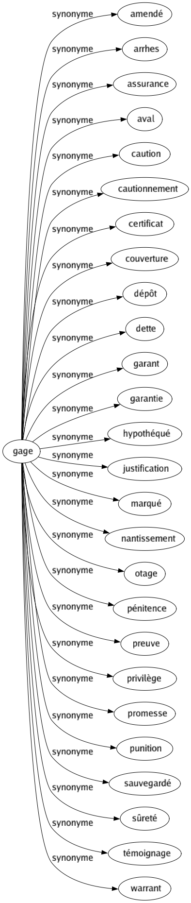 Synonyme de Gage : Amendé Arrhes Assurance Aval Caution Cautionnement Certificat Couverture Dépôt Dette Garant Garantie Hypothéqué Justification Marqué Nantissement Otage Pénitence Preuve Privilège Promesse Punition Sauvegardé Sûreté Témoignage Warrant 