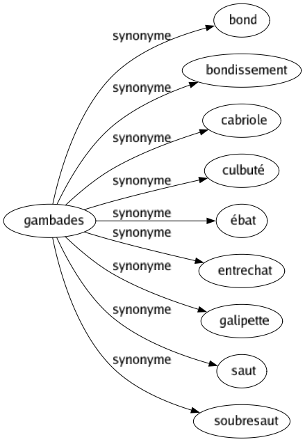 Synonyme de Gambades : Bond Bondissement Cabriole Culbuté Ébat Entrechat Galipette Saut Soubresaut 