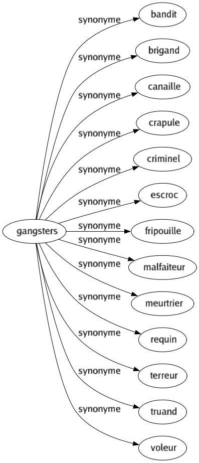 Synonyme de Gangsters : Bandit Brigand Canaille Crapule Criminel Escroc Fripouille Malfaiteur Meurtrier Requin Terreur Truand Voleur 