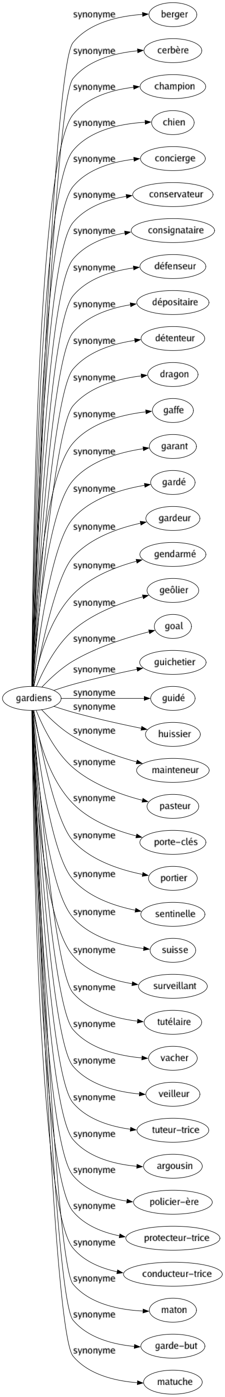 Synonyme de Gardiens : Berger Cerbère Champion Chien Concierge Conservateur Consignataire Défenseur Dépositaire Détenteur Dragon Gaffe Garant Gardé Gardeur Gendarmé Geôlier Goal Guichetier Guidé Huissier Mainteneur Pasteur Porte-clés Portier Sentinelle Suisse Surveillant Tutélaire Vacher Veilleur Tuteur-trice Argousin Policier-ère Protecteur-trice Conducteur-trice Maton Garde-but Matuche 