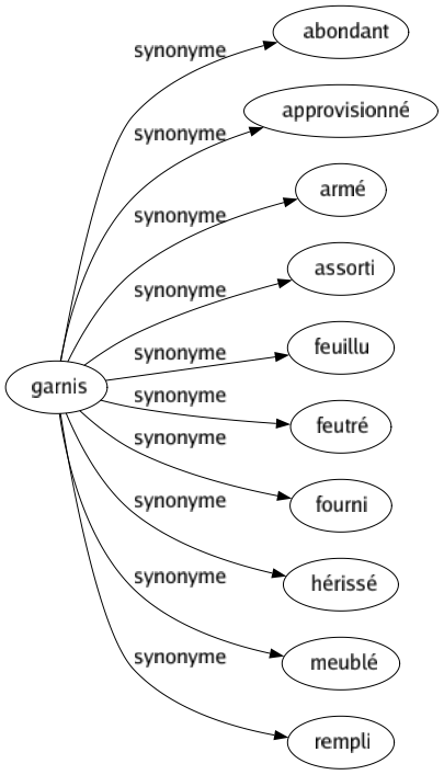 Synonyme de Garnis : Abondant Approvisionné Armé Assorti Feuillu Feutré Fourni Hérissé Meublé Rempli 