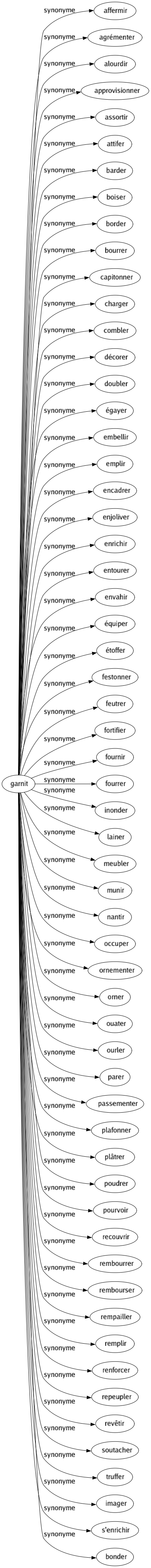 Synonyme de Garnit : Affermir Agrémenter Alourdir Approvisionner Assortir Attifer Barder Boiser Border Bourrer Capitonner Charger Combler Décorer Doubler Égayer Embellir Emplir Encadrer Enjoliver Enrichir Entourer Envahir Équiper Étoffer Festonner Feutrer Fortifier Fournir Fourrer Inonder Lainer Meubler Munir Nantir Occuper Ornementer Orner Ouater Ourler Parer Passementer Plafonner Plâtrer Poudrer Pourvoir Recouvrir Rembourrer Rembourser Rempailler Remplir Renforcer Repeupler Revêtir Soutacher Truffer Imager S'enrichir Bonder 