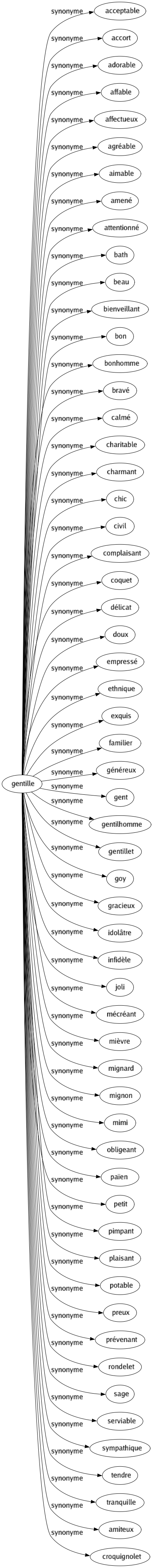 Synonyme de Gentille : Acceptable Accort Adorable Affable Affectueux Agréable Aimable Amené Attentionné Bath Beau Bienveillant Bon Bonhomme Bravé Calmé Charitable Charmant Chic Civil Complaisant Coquet Délicat Doux Empressé Ethnique Exquis Familier Généreux Gent Gentilhomme Gentillet Goy Gracieux Idolâtre Infidèle Joli Mécréant Mièvre Mignard Mignon Mimi Obligeant Païen Petit Pimpant Plaisant Potable Preux Prévenant Rondelet Sage Serviable Sympathique Tendre Tranquille Amiteux Croquignolet 