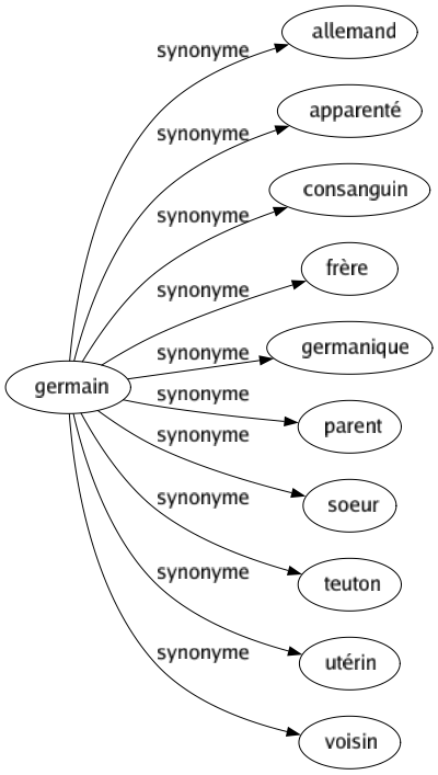 Synonyme de Germain : Allemand Apparenté Consanguin Frère Germanique Parent Soeur Teuton Utérin Voisin 