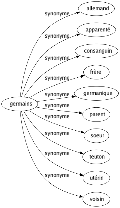 Synonyme de Germains : Allemand Apparenté Consanguin Frère Germanique Parent Soeur Teuton Utérin Voisin 