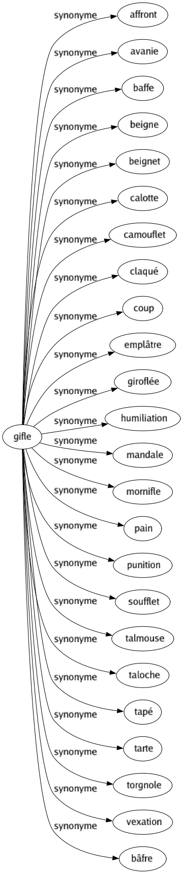 Synonyme de Gifle : Affront Avanie Baffe Beigne Beignet Calotte Camouflet Claqué Coup Emplâtre Giroflée Humiliation Mandale Mornifle Pain Punition Soufflet Talmouse Taloche Tapé Tarte Torgnole Vexation Bâfre 