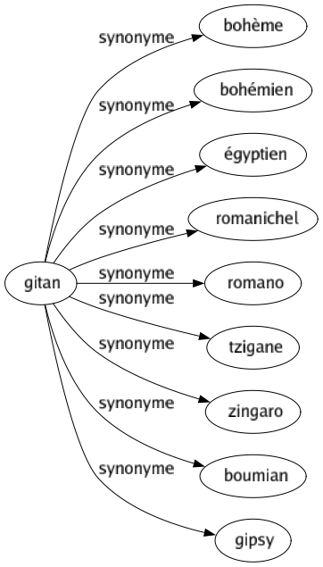 Synonyme de Gitan : Bohème Bohémien Égyptien Romanichel Romano Tzigane Zingaro Boumian Gipsy 