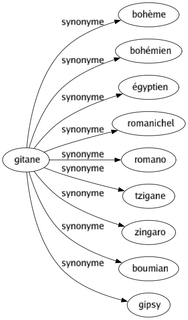 Synonyme de Gitane : Bohème Bohémien Égyptien Romanichel Romano Tzigane Zingaro Boumian Gipsy 