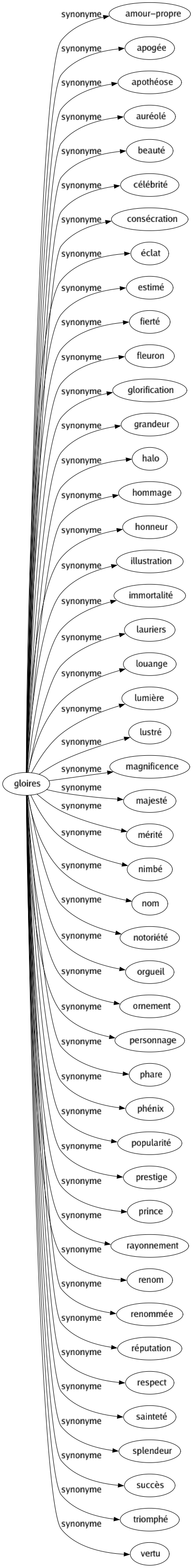 Synonyme de Gloires : Amour-propre Apogée Apothéose Auréolé Beauté Célébrité Consécration Éclat Estimé Fierté Fleuron Glorification Grandeur Halo Hommage Honneur Illustration Immortalité Lauriers Louange Lumière Lustré Magnificence Majesté Mérité Nimbé Nom Notoriété Orgueil Ornement Personnage Phare Phénix Popularité Prestige Prince Rayonnement Renom Renommée Réputation Respect Sainteté Splendeur Succès Triomphé Vertu 