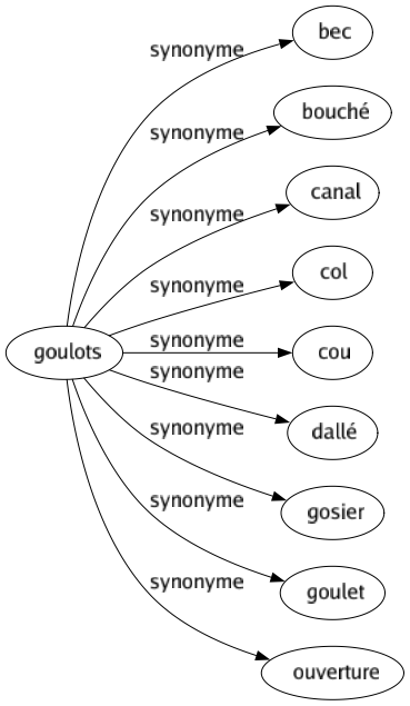 Synonyme de Goulots : Bec Bouché Canal Col Cou Dallé Gosier Goulet Ouverture 