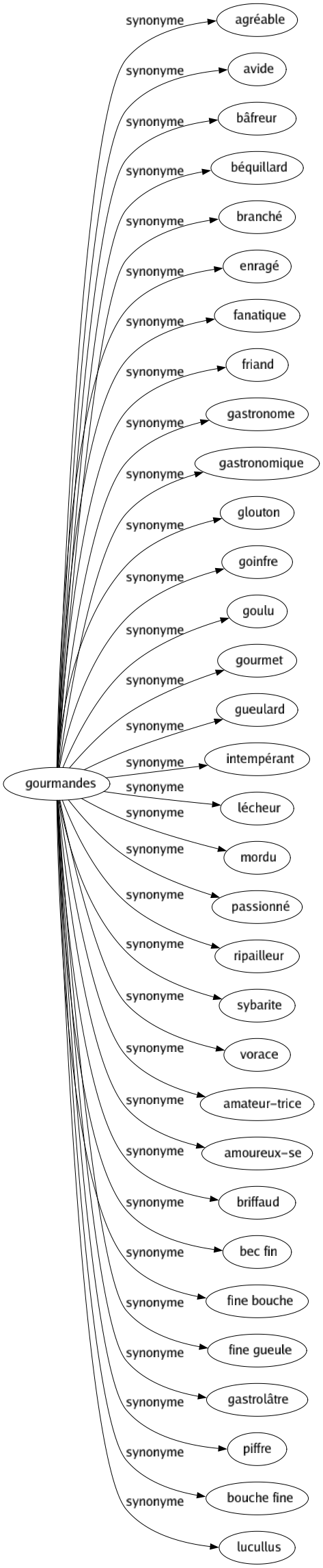 Synonyme de Gourmandes : Agréable Avide Bâfreur Béquillard Branché Enragé Fanatique Friand Gastronome Gastronomique Glouton Goinfre Goulu Gourmet Gueulard Intempérant Lécheur Mordu Passionné Ripailleur Sybarite Vorace Amateur-trice Amoureux-se Briffaud Bec fin Fine bouche Fine gueule Gastrolâtre Piffre Bouche fine Lucullus 