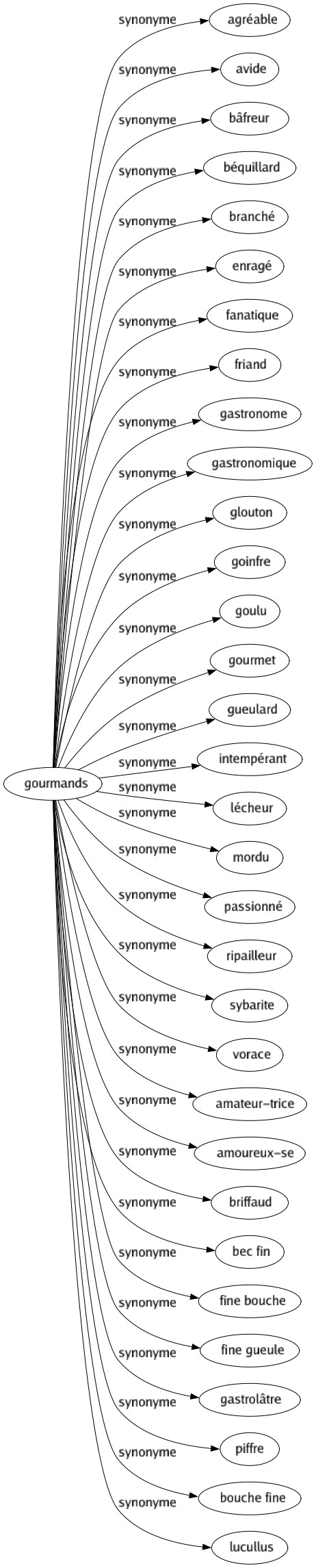 Synonyme de Gourmands : Agréable Avide Bâfreur Béquillard Branché Enragé Fanatique Friand Gastronome Gastronomique Glouton Goinfre Goulu Gourmet Gueulard Intempérant Lécheur Mordu Passionné Ripailleur Sybarite Vorace Amateur-trice Amoureux-se Briffaud Bec fin Fine bouche Fine gueule Gastrolâtre Piffre Bouche fine Lucullus 