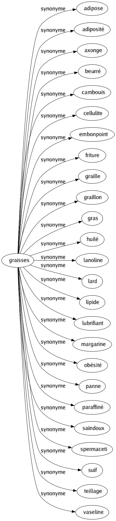 Synonyme de Graisses : Adipose Adiposité Axonge Beurré Cambouis Cellulite Embonpoint Friture Graille Graillon Gras Huilé Lanoline Lard Lipide Lubrifiant Margarine Obésité Panne Paraffiné Saindoux Spermaceti Suif Teillage Vaseline 