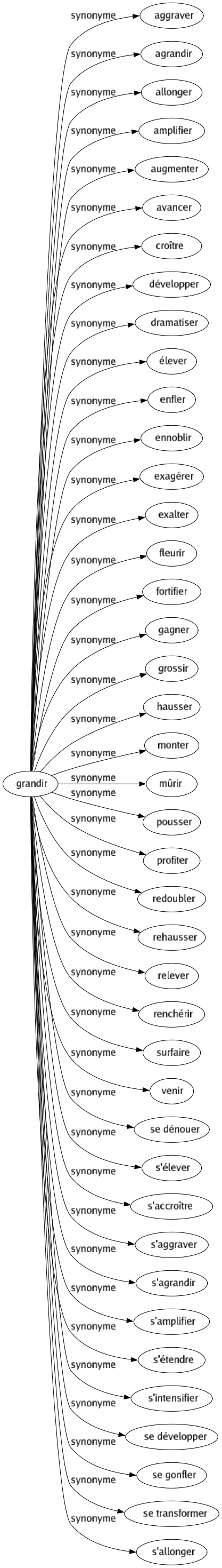 Synonyme de Grandir : Aggraver Agrandir Allonger Amplifier Augmenter Avancer Croître Développer Dramatiser Élever Enfler Ennoblir Exagérer Exalter Fleurir Fortifier Gagner Grossir Hausser Monter Mûrir Pousser Profiter Redoubler Rehausser Relever Renchérir Surfaire Venir Se dénouer S'élever S'accroître S'aggraver S'agrandir S'amplifier S'étendre S'intensifier Se développer Se gonfler Se transformer S'allonger 