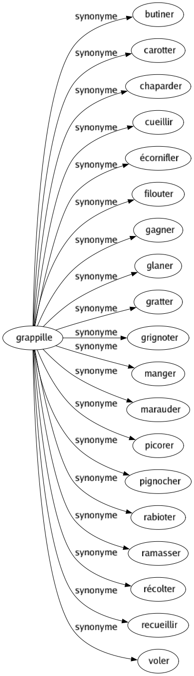 Synonyme de Grappille : Butiner Carotter Chaparder Cueillir Écornifler Filouter Gagner Glaner Gratter Grignoter Manger Marauder Picorer Pignocher Rabioter Ramasser Récolter Recueillir Voler 