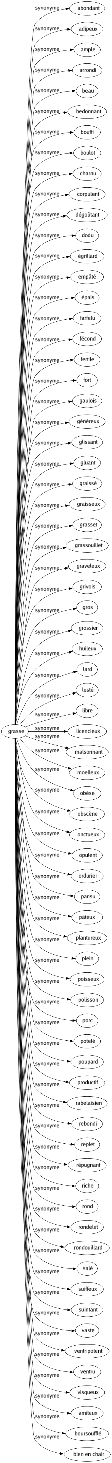 Synonyme de Grasse : Abondant Adipeux Ample Arrondi Beau Bedonnant Bouffi Boulot Charnu Corpulent Dégoûtant Dodu Égrillard Empâté Épais Farfelu Fécond Fertile Fort Gaulois Généreux Glissant Gluant Graissé Graisseux Grasset Grassouillet Graveleux Grivois Gros Grossier Huileux Lard Lesté Libre Licencieux Malsonnant Moelleux Obèse Obscène Onctueux Opulent Ordurier Pansu Pâteux Plantureux Plein Poisseux Polisson Porc Potelé Poupard Productif Rabelaisien Rebondi Replet Répugnant Riche Rond Rondelet Rondouillard Salé Suiffeux Suintant Vaste Ventripotent Ventru Visqueux Amiteux Boursoufflé Bien en chair 