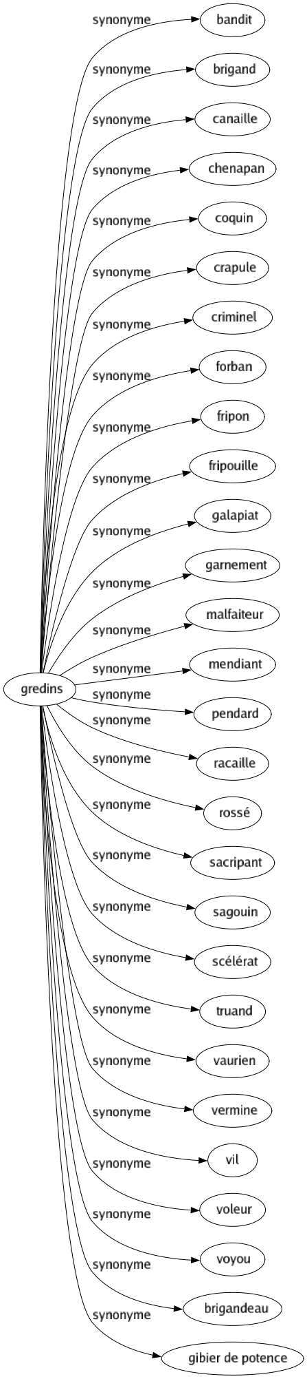 Synonyme de Gredins : Bandit Brigand Canaille Chenapan Coquin Crapule Criminel Forban Fripon Fripouille Galapiat Garnement Malfaiteur Mendiant Pendard Racaille Rossé Sacripant Sagouin Scélérat Truand Vaurien Vermine Vil Voleur Voyou Brigandeau Gibier de potence 