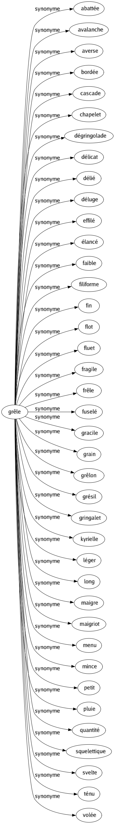 Synonyme de Grêle : Abattée Avalanche Averse Bordée Cascade Chapelet Dégringolade Délicat Délié Déluge Effilé Élancé Faible Filiforme Fin Flot Fluet Fragile Frêle Fuselé Gracile Grain Grêlon Grésil Gringalet Kyrielle Léger Long Maigre Maigriot Menu Mince Petit Pluie Quantité Squelettique Svelte Ténu Volée 