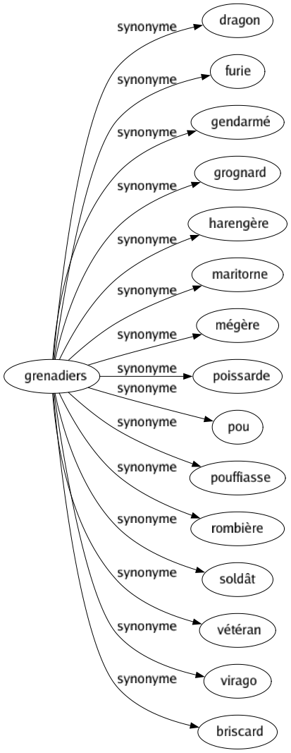 Synonyme de Grenadiers : Dragon Furie Gendarmé Grognard Harengère Maritorne Mégère Poissarde Pou Pouffiasse Rombière Soldât Vétéran Virago Briscard 