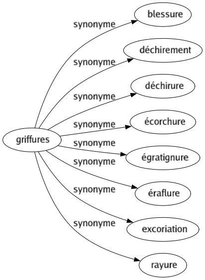 Synonyme de Griffures : Blessure Déchirement Déchirure Écorchure Égratignure Éraflure Excoriation Rayure 