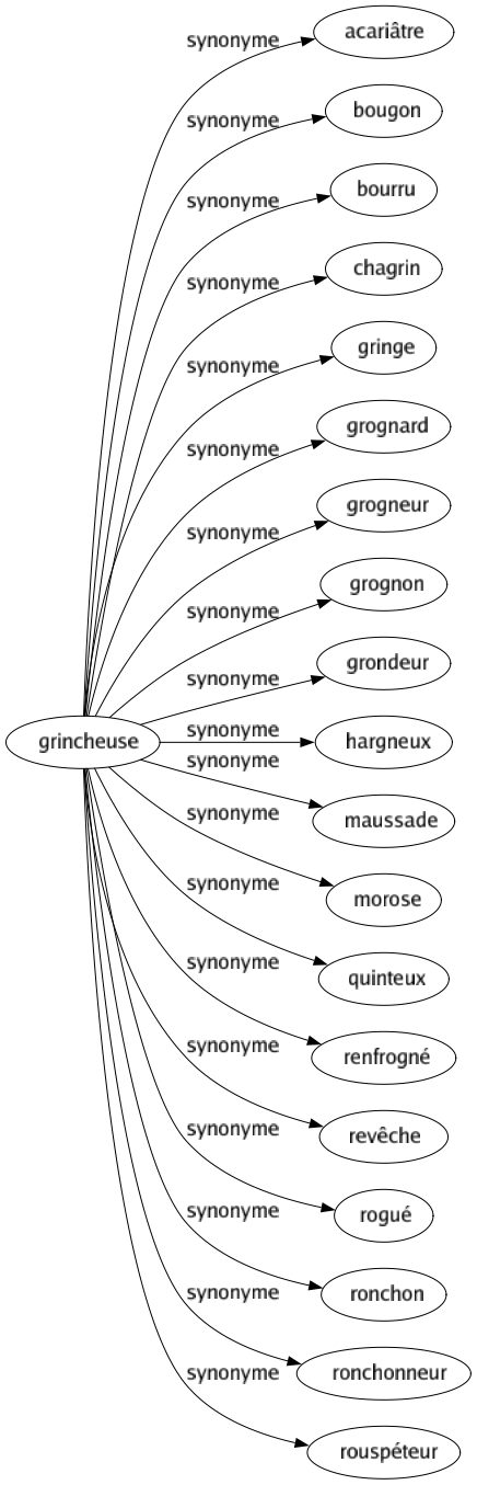 Synonyme de Grincheuse : Acariâtre Bougon Bourru Chagrin Gringe Grognard Grogneur Grognon Grondeur Hargneux Maussade Morose Quinteux Renfrogné Revêche Rogué Ronchon Ronchonneur Rouspéteur 