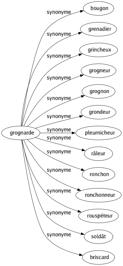 Synonyme de Grognarde : Bougon Grenadier Grincheux Grogneur Grognon Grondeur Pleurnicheur Râleur Ronchon Ronchonneur Rouspéteur Soldât Briscard 