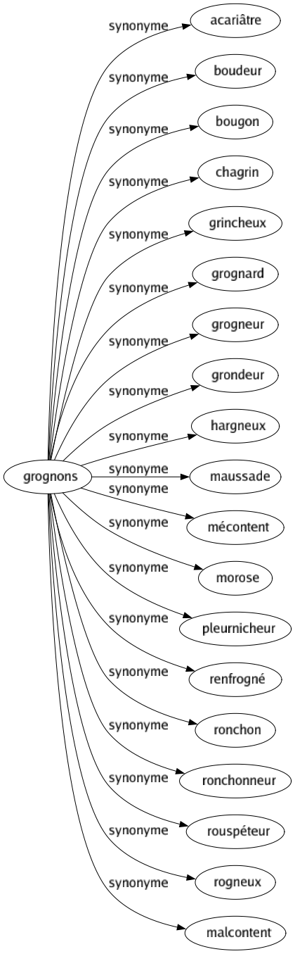 Synonyme de Grognons : Acariâtre Boudeur Bougon Chagrin Grincheux Grognard Grogneur Grondeur Hargneux Maussade Mécontent Morose Pleurnicheur Renfrogné Ronchon Ronchonneur Rouspéteur Rogneux Malcontent 