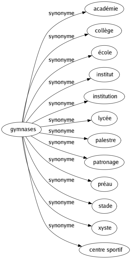 Synonyme de Gymnases : Académie Collège École Institut Institution Lycée Palestre Patronage Préau Stade Xyste Centre sportif 