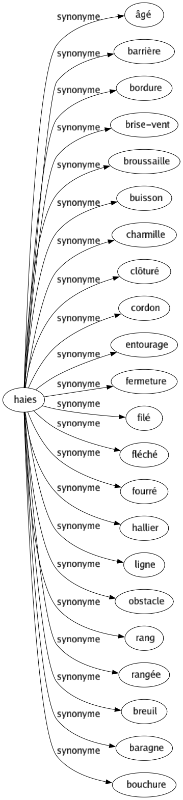 Synonyme de Haies : Âgé Barrière Bordure Brise-vent Broussaille Buisson Charmille Clôturé Cordon Entourage Fermeture Filé Fléché Fourré Hallier Ligne Obstacle Rang Rangée Breuil Baragne Bouchure 