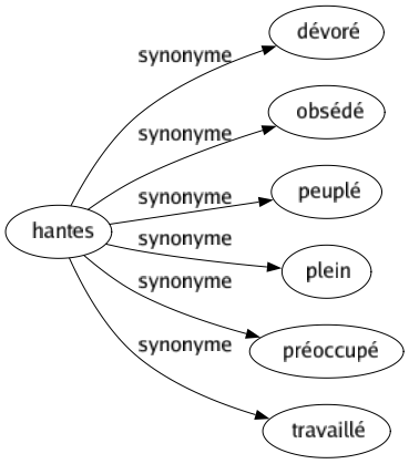 Synonyme de Hantes : Dévoré Obsédé Peuplé Plein Préoccupé Travaillé 