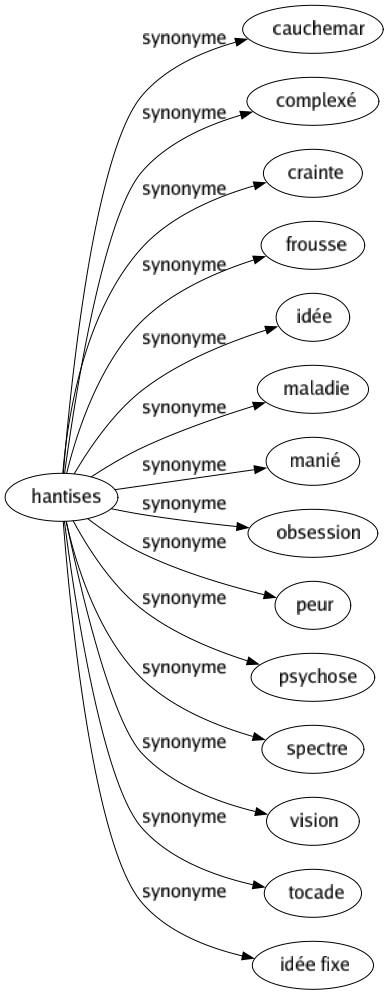 Synonyme de Hantises : Cauchemar Complexé Crainte Frousse Idée Maladie Manié Obsession Peur Psychose Spectre Vision Tocade Idée fixe 