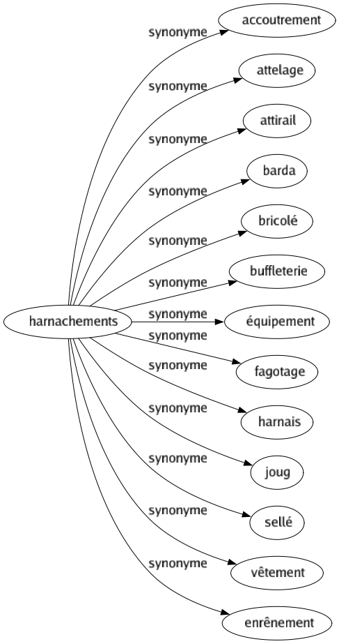 Synonyme de Harnachements : Accoutrement Attelage Attirail Barda Bricolé Buffleterie Équipement Fagotage Harnais Joug Sellé Vêtement Enrênement 