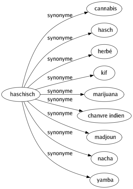 Synonyme de Haschisch : Cannabis Hasch Herbé Kif Marijuana Chanvre indien Madjoun Nacha Yamba 