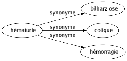 Synonyme de Hématurie : Bilharziose Colique Hémorragie 