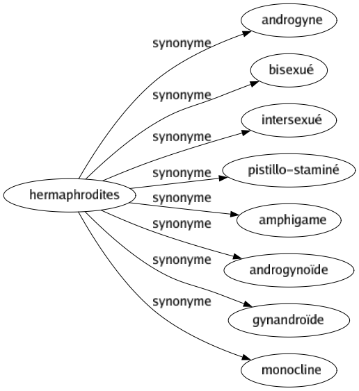 Synonyme de Hermaphrodites : Androgyne Bisexué Intersexué Pistillo-staminé Amphigame Androgynoïde Gynandroïde Monocline 