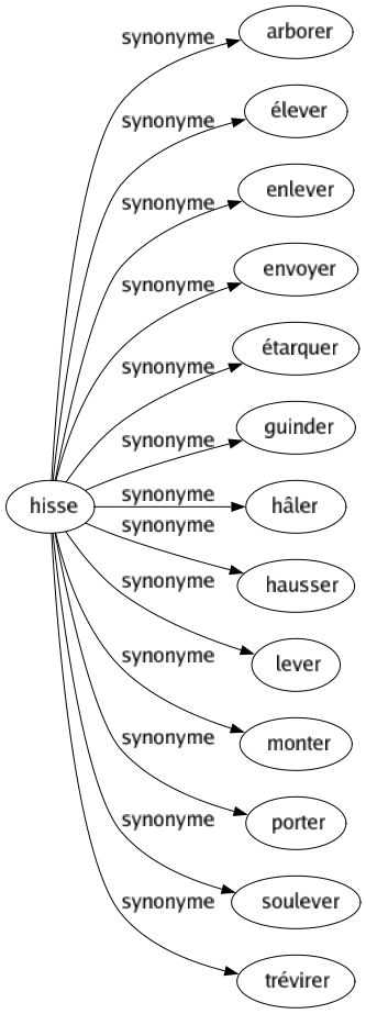 Synonyme de Hisse : Arborer Élever Enlever Envoyer Étarquer Guinder Hâler Hausser Lever Monter Porter Soulever Trévirer 