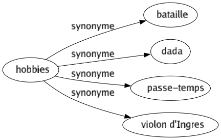 Synonyme de Hobbies : Bataille Dada Passe-temps Violon d'ingres 