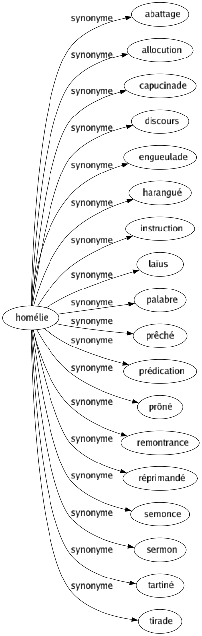 Synonyme de Homélie : Abattage Allocution Capucinade Discours Engueulade Harangué Instruction Laïus Palabre Prêché Prédication Prôné Remontrance Réprimandé Semonce Sermon Tartiné Tirade 