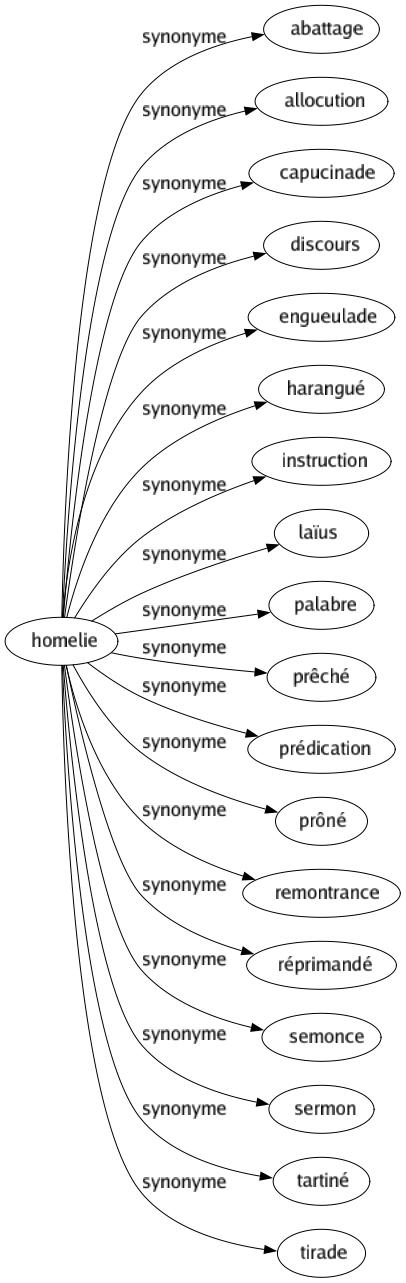 Synonyme de Homelie : Abattage Allocution Capucinade Discours Engueulade Harangué Instruction Laïus Palabre Prêché Prédication Prôné Remontrance Réprimandé Semonce Sermon Tartiné Tirade 