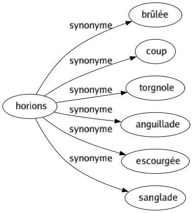 Synonyme de Horions : Brûlée Coup Torgnole Anguillade Escourgée Sanglade 